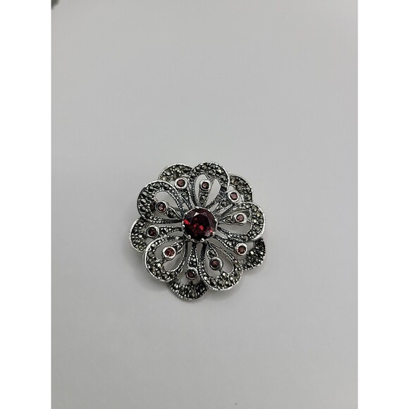 Sterling Jewelry - Vintage Brooch Pin Pendant 925 Sterling Silver Marcasite Red Purple Crystals
